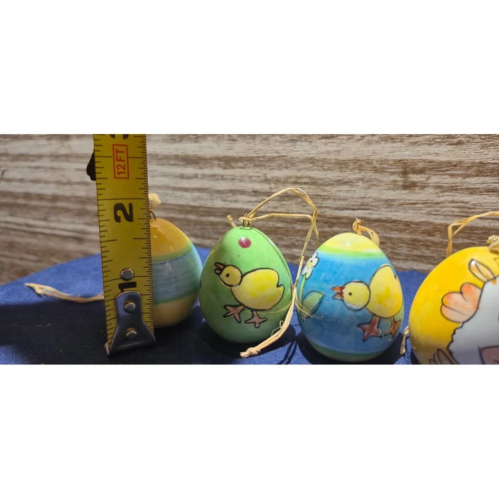 6pc Hand Painted Porcelain‎ Hollow Easter Eggs Farm Animals Chicks Ducks Raffia
